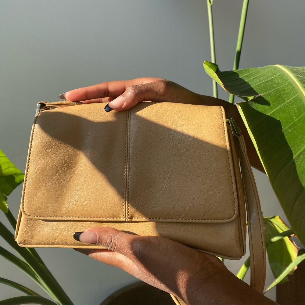 Camel-colored structured shoulder bag